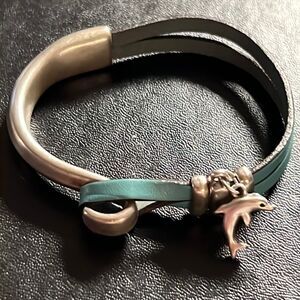 Authentic Leather & Sterling Silver Dolphin Hook Clasp Bracelet